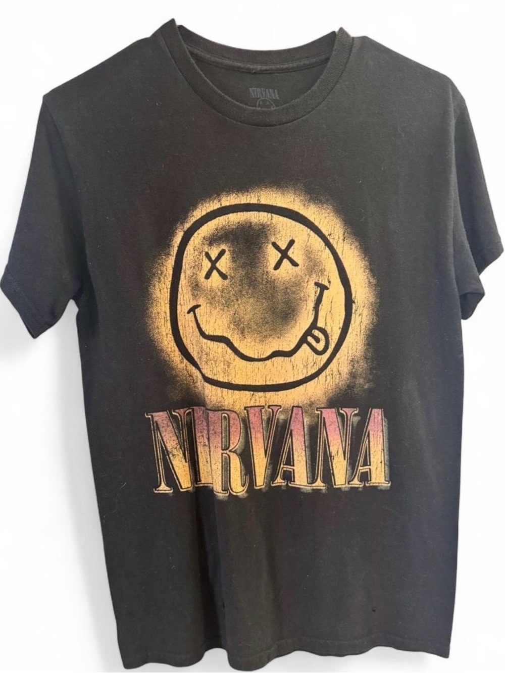 Vintage NIRVANA Style Black T-shirt Smiley Face - Size S #rock #bandtee
